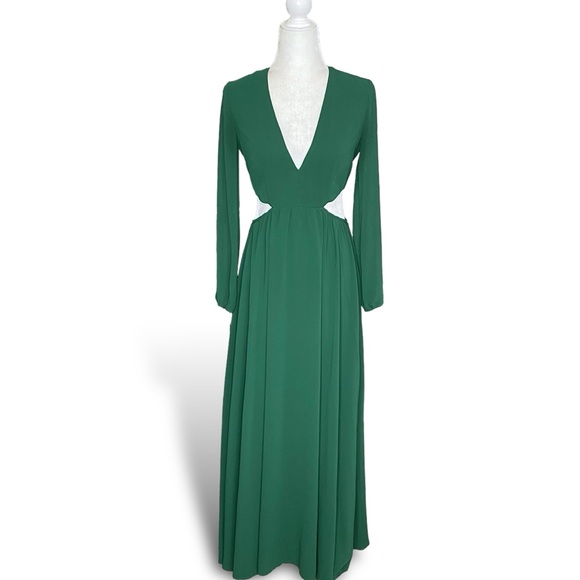 Forever 21 Dark Green Chiffon Plunge Cut Out Maxi Long Dress Size S - Picture 3 of 10